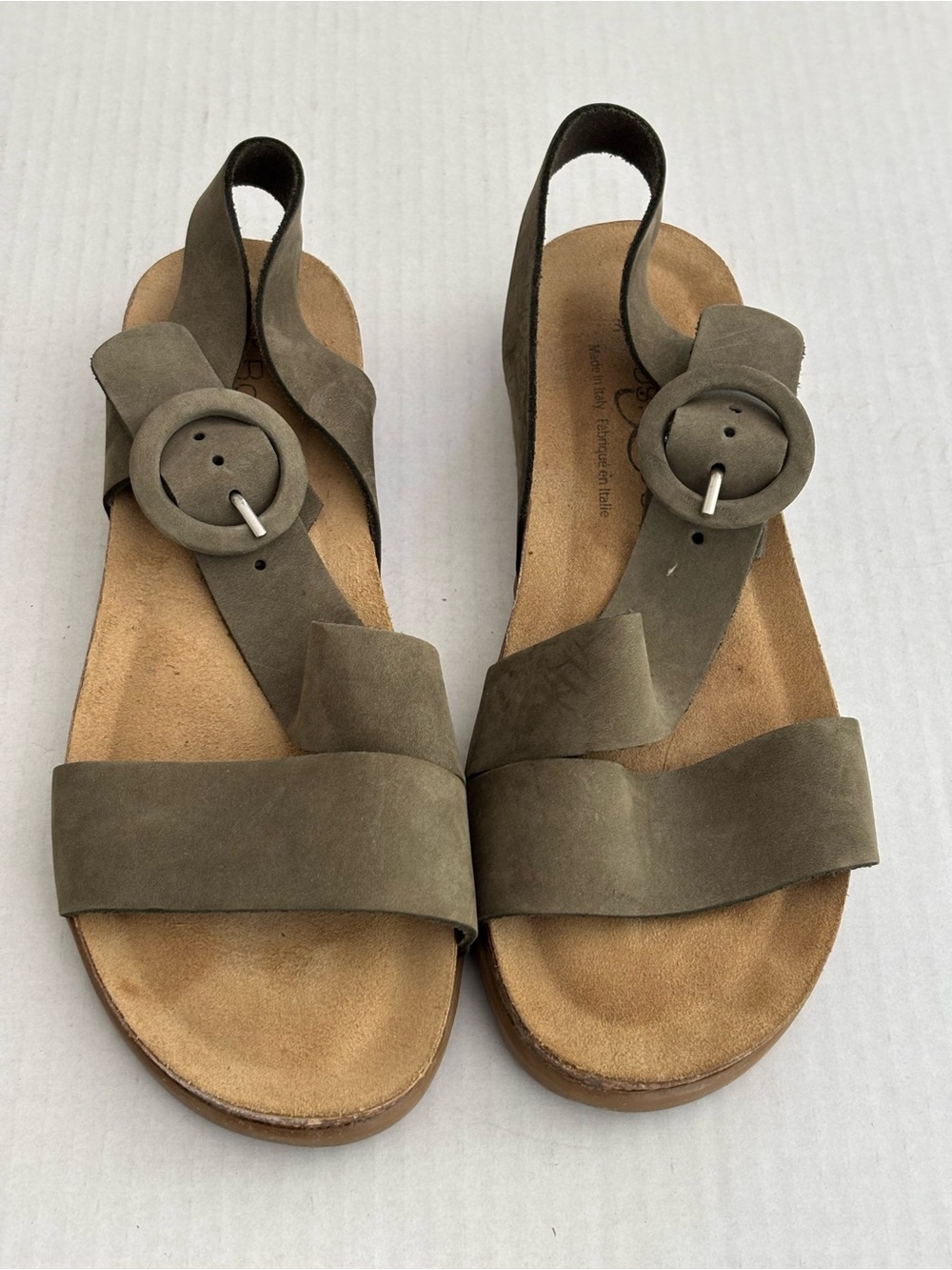 Bos & Co Lavis Olive Green Leather Suede Cork Sandals Made in Italy Size 37 / 6